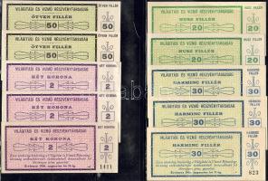 1920. Világítási és Vízmű Részvénytársaság" 20f (3x), 30f (3x), 50f (2x), 1K (3x), 5K (2x), 10K (2x)összesen 14 db, benne klf papírok, alapnyomat variánsok, színárnyalatok, lemezhibák, stb. T:I,I-