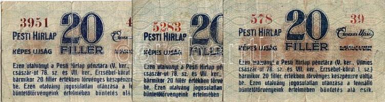 Dátum nélkül "Pesti Hírlap" 20f (3x) elcsúszásokkal, ill. másszínű sorozatszámokkal T:II