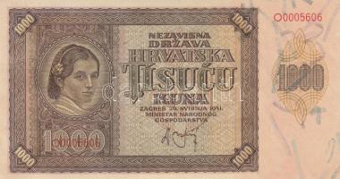 Horvátország 1941. 1000K T:I Croatia 1941. 1000 Kuna C:UNC