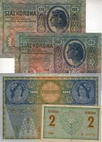 1902. 1000K (utánnyomás) osztrák fny-sal T:I, 1912. 100K T:II, 1912. 100K román bélyegzővel T:III/IV...
