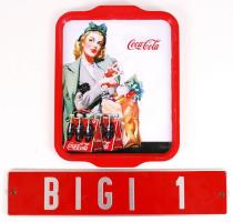 Bigi 1 feliratú rendszámtábla, 11×52 cm + karcos Coca-Cola fém tálca 35×29 cm