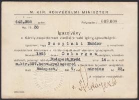 1938. Igazolvány: Károly csapatkereszt viselésére való igényjogosultságáról