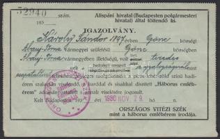 1930 Magyar Háborús Emlékérem viselési igazolvány