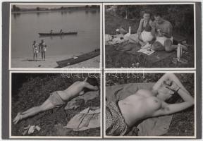 cca 1930-40 Dr. Csörgeő Tibor (1869-1968): Duna parti piknik, 4 db vintage fotó, 2 finoman erotikus képpel, 8x11 cm