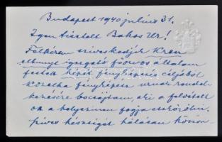 Hofmann Géza festőművész saját kézzel írt sorai Bakos Gyulának névjegykártyáján