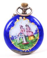 Ezüst (Ag.) fedelű női zsebóra, nem működik, sérült zománccal, kézzel festett miniatúrával, bruttó: ...