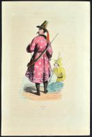 cca 1870 Népek - népviseletek. 11db, részben színezett rézkarc, ill. rézmetszet (egy kép sérült) / 
...