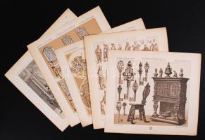 1876-1888 5db nyomat öltözködésről, tárgyi kultúráról etc. a Le costume historique: types principaux du vêtement et de la parure, rapprochis de ceux de l'intérieur de l'habitation dans tous les temps et chez tous les peuples című kiadványból. Paris, Firmin-Didot, 1876-1888 /  5 prints from "Le costume historique", 20x22cm