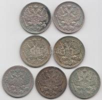 Oroszország 1864-1915. 20K Ag (7x) T:vegyes
Russia 1864-1915. 20 Kopeks Ag (7x) C:mixed