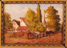 Németh György (1888-1962): Faluszéle, lovas kocsival. Olaj, fa, jelzett, antik keretben, 15×21 cm