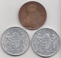 1939. "Magyar Bronz Vitézségi Érem" bronz kitüntetés mellszalag nélkül, erősen rongált T:3 + 1943. 5P (2x) T:2 Hungary 1939. "Bronze Medal for Bravery" bronze decoration without ribbon, damaged C:F + 1943. 5 Pengő (2x) C:XF