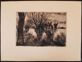 Ifj. Iván Szilárd (1955-): Kopár fák a parton. Rézkarc, papír, jelzett, 16×24 cm