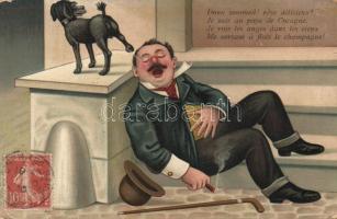 Drunk man, pissing dog, humour, litho