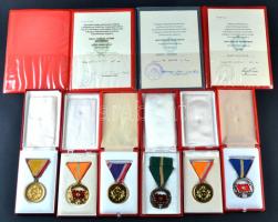 6db szocialista kitüntetés: "A Haza Szolgáltáért Érdemérem" arany, ezüst, bronz fokozat + "Honvédelmi Emlékérem" 10, 30 és 35 év után, mindegyik tokban + 3db műbőr borítású adományozói okirat T:vegyes