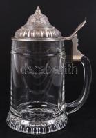 Fém fedelű, üveg söröskorsó /  Glass beer jug with metal lid, 20cm