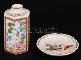 Porcelán mini váza és tálka tétel, egyik váza és a tálka kézzel festett, hibátlanok, m:5 és 7 cm