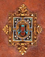 Cca 1920 Dekoratív zománc és rézberakásos bőr fotóalbum, viseltes állapotban, családi képekkel