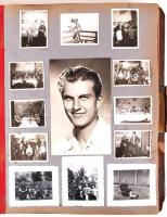 Cca 1920 Dekoratív zománc és rézberakásos bőr fotóalbum, viseltes állapotban, családi képekkel