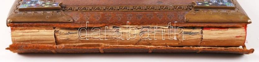 Cca 1920 Dekoratív zománc és rézberakásos bőr fotóalbum, viseltes állapotban, családi képekkel