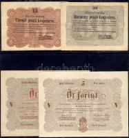 1848. "Kossuth-bankók" 15Kr, 30Kr, 5Ft (2x) klf színben, 10Ft (2x) különböző (normál és fordított) hátoldali alapnyomattal, benne lemezhibák, elcsúszások T:II