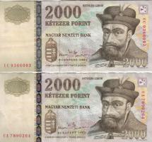 2003-2004. 2000Ft (2x) mindkettőn jelentős rendellenességekkel, álló sorozatszám utolsó száma erősen elcsúszva, "Budapest 2003" enyhén ferde + lecsúszva T:II