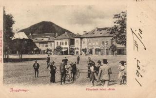 Nagybánya, Főtér, Herskovits, Rosenfeld és Platthy kereskedései / main square, shops (cut)