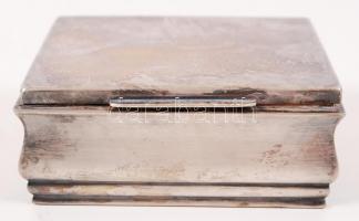 Ezüst (Ag.) névjegykártya tartó doboz, fa betéttel, jelzett (P.V), 11×9 cm m:5 cm, bruttó: 246 g / S...