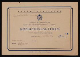 1951 A Közbiztonsági érem korai típusú adományozó okirata