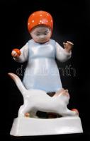 Sinkó András (1901-1976): Kislány cicával. Kézzel festett, jelzett Zsolnay figura, hibátlan /  Little girl with a cat. Individually designed, hand painted Zsolnay figure, in flawless condition, 14cm