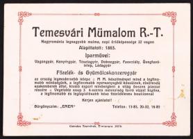 cca 1940 A Temesvári Mümalom R.T. reklámkártyája