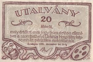 Szombathely 1920. 20f URÁNIA Mozgóképszínház utalvány  T:I-