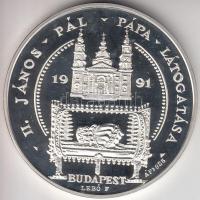 Bognár György (1944-) / Lebó Ferenc (1960-) 1991. "II.János Pál pápa látogatása - Budapest" Ag emlékérem (31.1g/0.925/42,5m) dísztokban, tanúsítvánnyal T:PP