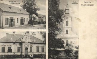 Nagyberény Boncz János vegyeskereskedése, községháza, apácazárda, templom (EK)
