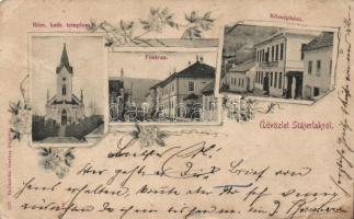 Stájerlak községháza, Fő utca, templom / town hall, main street, church, floral (Rb)
