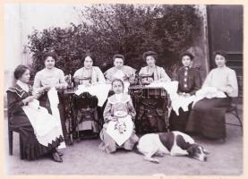 1905 Kézimunkázó asszonyok csoportképe a kertben, aláírásaikkal, 12x17cm (22x28cm)