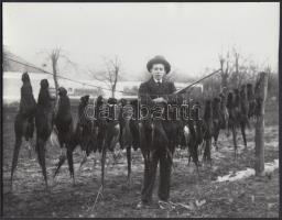 1912-es felvétel Széchenyi Zsigmondról, aki Sárpentelén 23 fácánkakast lőtt, 1970-1980 körüli nagyítás eredeti negatívról, hátoldalán feliratozott, 18x24cm