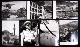 cca 1960 13db, Bulgáriában készült fotó Kalocsai Rudolf hagyatékából: tengerpart, hajó, sólepárló, rendőr, partizánnő, kolostor stb. motívumokkal; feliratozva /  Vintage photos from Bulgaria by Rudolf Kalocsai, 13x18cm