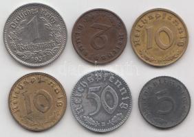 Német 3. Birodalom 1938A 2Pf + 1941B 5Pf + 1938B,D 10Pf (2x) + 1941D 50Pf + 1937A 1M T:2 German Third Reich 1938A 2 Pfennig + 1941B 5 Pfennig + 1938B,D 10 Pfennig (2x) + 1941D 50 Pfennig + 1937A 1 Mark C:XF