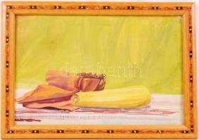 Jelzés nélkül: Kukoricás csendélet. Akvarell, papír, üvegezett keretben 23×33 cm. Hátoldalán jelzett akvarell tájkép.