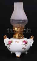 Virágmintás, aranyozott porcelán olajlámpácska burával / 
Little porcelain oil lamp with shade, 15cm
