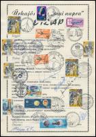 1981 Űrhajós étlap rajta 5 magyar és szovjet űrhajós aláírásával és űrhajós bélyegekkel / Cosmonaut menu card with signatures of 5 Hungarian and Soviet astronauts