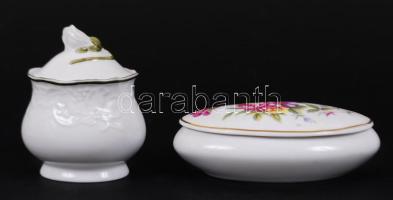 Hollóházi porcelán dobozkák, jelzettek, hibátlanok, matricás és kézzel festettek, m:10 cm, h:14 cm, összesen 2 db