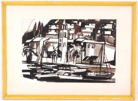 Budaházy jelzéssel: Kikötő. Tus, papír, üvegezett keretben, 28×44 cm