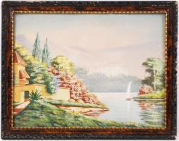 Jelzés nélkül: Ház a tó parton. Vegyes technika, papír, üvegezett keretben 28×35 cm