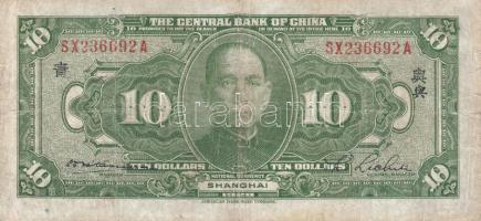 Kína 1928. 10$ bélyegzéssel (2x) T:III China 1928. 10 Dollars (2x) with stamp C:F