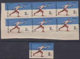 Téli olimpia vágott bélyeg + vágott ívsarki hatostömb, Winter Olympics imperforated stamp + imperforated corner block of 6