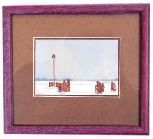 Tóth István (1892-1964): Télen. Színes linó, papír, jelzett, üvegezett keretben, 9×12 cm