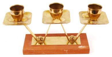 Háromágú, réz gyertyatartó fa talpon /  Three-branched brass candlestick on wooden stand, 24x11x7cm
