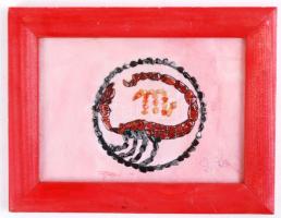 Skorpió csillagjegy, féldrágakövekből kirakva, kartonon, üvegezett keretben /  Scorpion sign, from semi-precious stones, in frame, 16,5x22cm