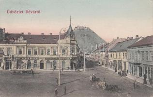 Déva, Főtér, Holtzer, Szőcs és Hirsch kereskedései / main square, shops